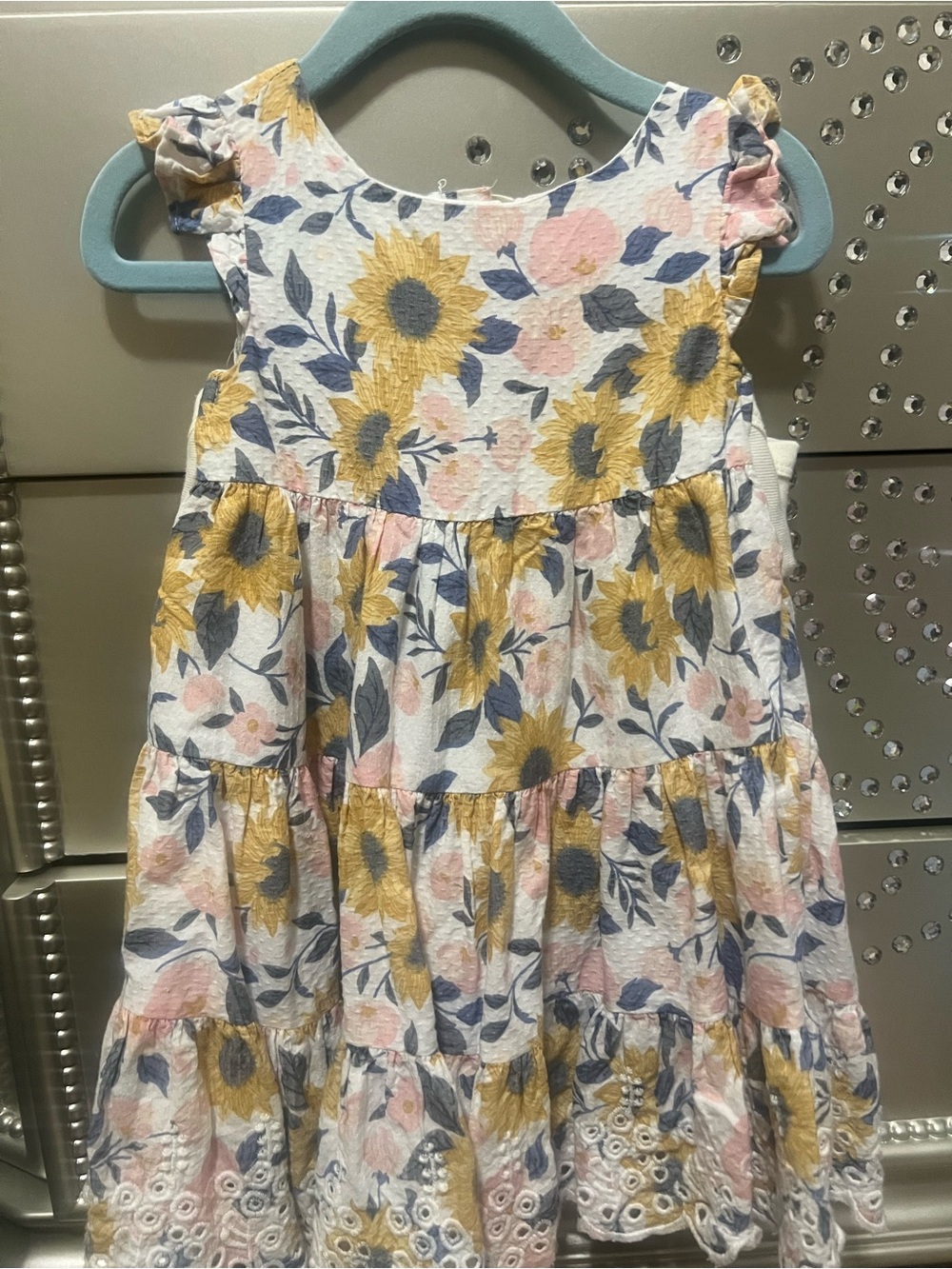 Girls' Yellow Sunflower Tiered Dress - Sleeveless Ruffle Shoulders